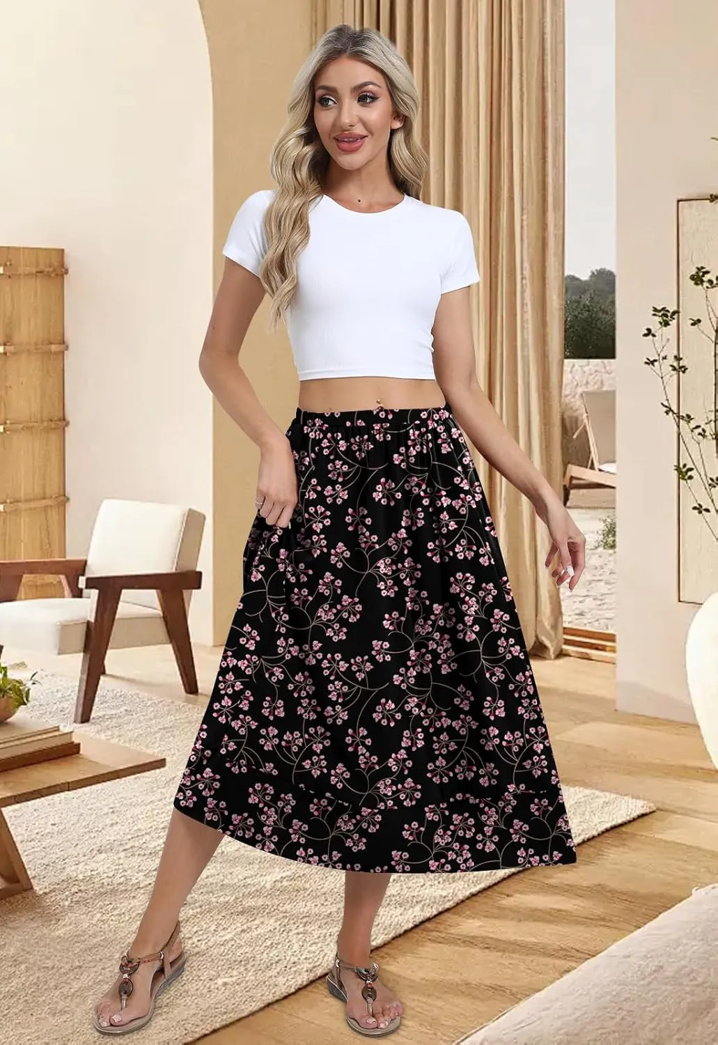 DB MOON Womens Midi Length Skirt 2025 Business Casual Flowy A Line Skirts with Pockets Teacher Outfits