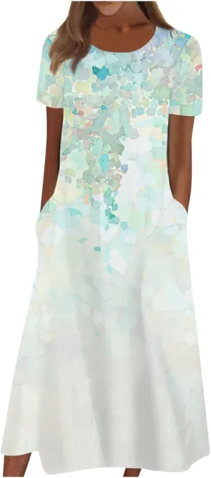 Dresses for Women 2024 Pleated Pocket Long Dresses Round Neck Printed Dresses Short Sleeve Comfy Maxi Dress