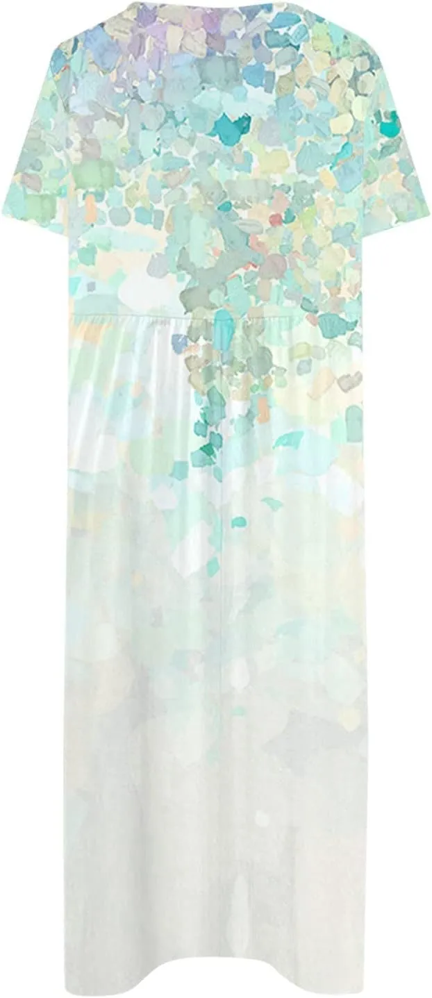 Dresses for Women 2024 Pleated Pocket Long Dresses Round Neck Printed Dresses Short Sleeve Comfy Maxi Dress