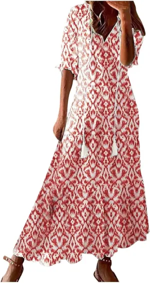Dresses for Women 2025 Loose Floral Half Sleeve V Neck Maxi Dress Drawstring Long Flowy Dress Flowy Boho Beach Dresses