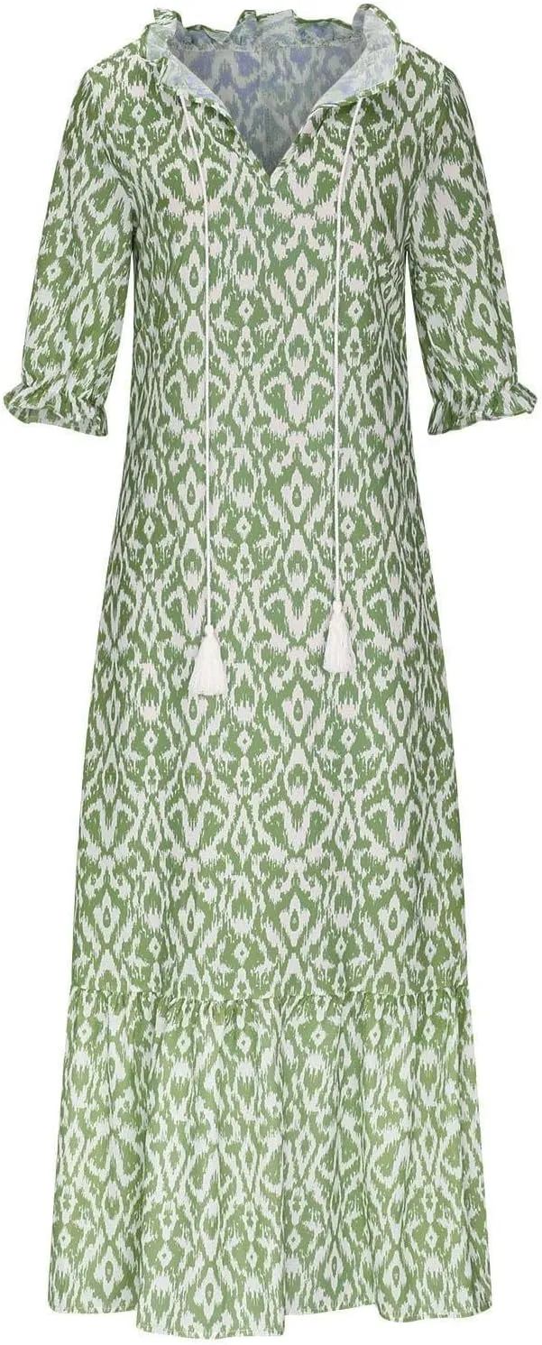 Dresses for Women 2025 Loose Floral Half Sleeve V Neck Maxi Dress Drawstring Long Flowy Dress Flowy Boho Beach Dresses