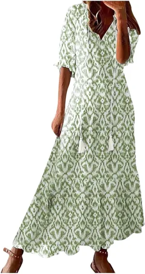 Dresses for Women 2025 Loose Floral Half Sleeve V Neck Maxi Dress Drawstring Long Flowy Dress Flowy Boho Beach Dresses