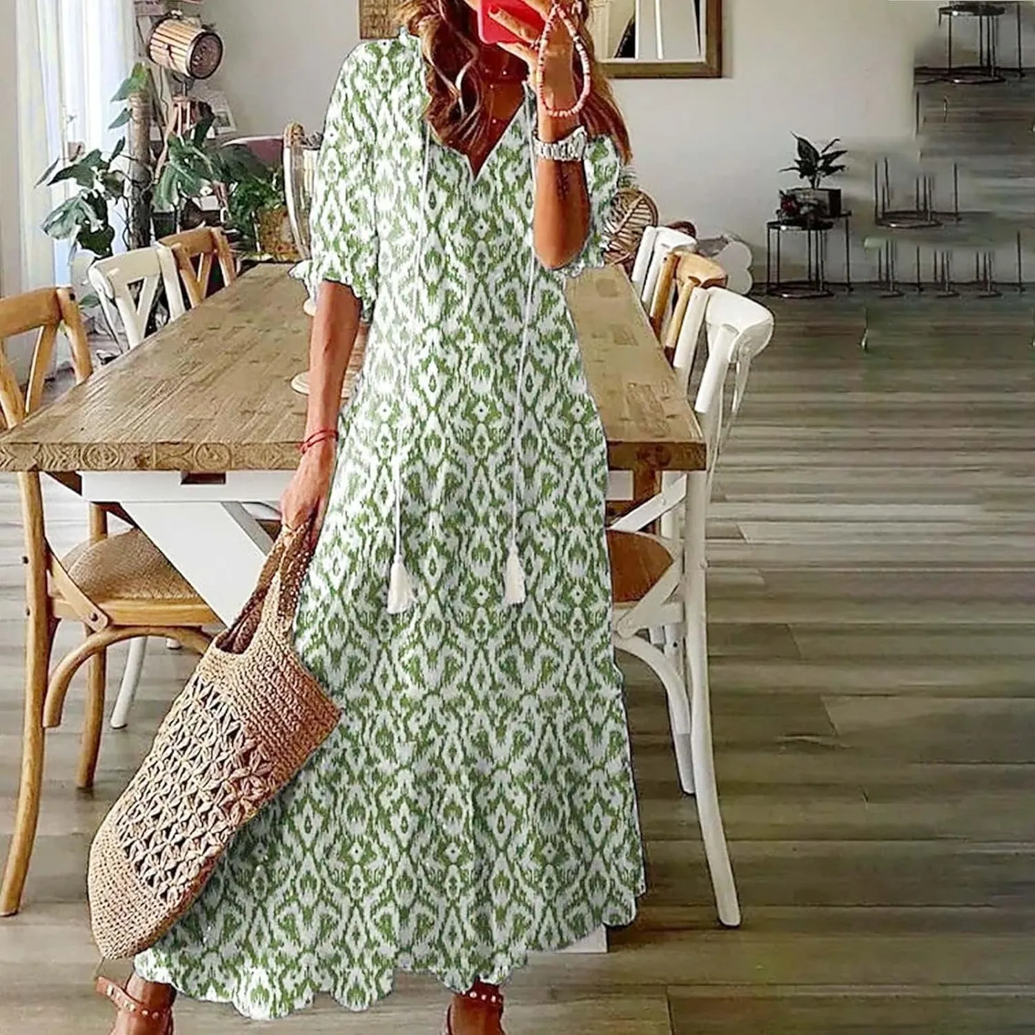 Dresses for Women 2025 Loose Floral Half Sleeve V Neck Maxi Dress Drawstring Long Flowy Dress Flowy Boho Beach Dresses