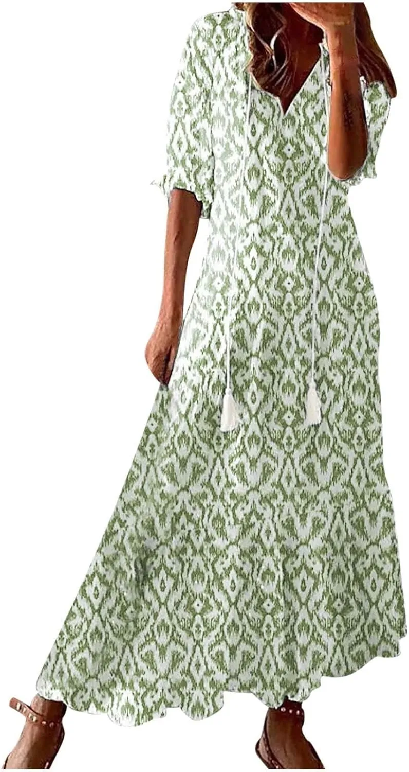 Dresses for Women 2025 Loose Floral Half Sleeve V Neck Maxi Dress Drawstring Long Flowy Dress Flowy Boho Beach Dresses