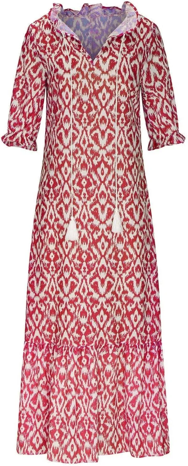 Dresses for Women 2025 Loose Floral Half Sleeve V Neck Maxi Dress Drawstring Long Flowy Dress Flowy Boho Beach Dresses