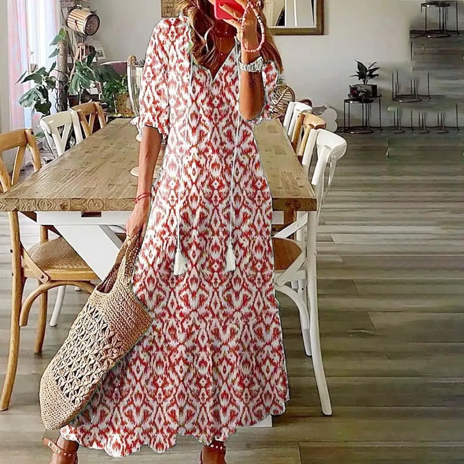 Dresses for Women 2025 Loose Floral Half Sleeve V Neck Maxi Dress Drawstring Long Flowy Dress Flowy Boho Beach Dresses
