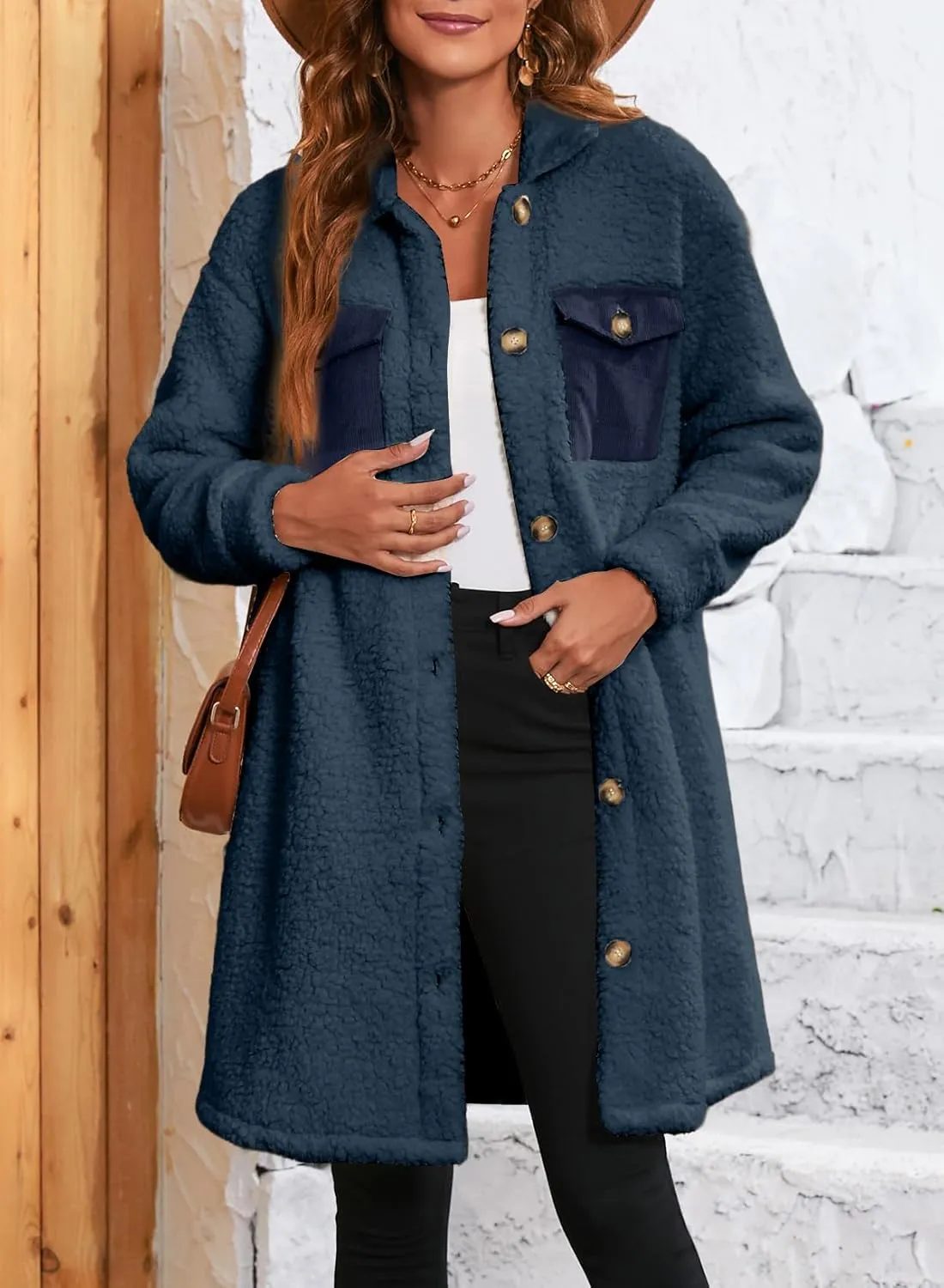 EVALESS Fuzzy Fleece Jackets for Women Fashion Long Sleeve Lapel Button Down Long Teddy Coat Faux Fur Warm Winter Outwear