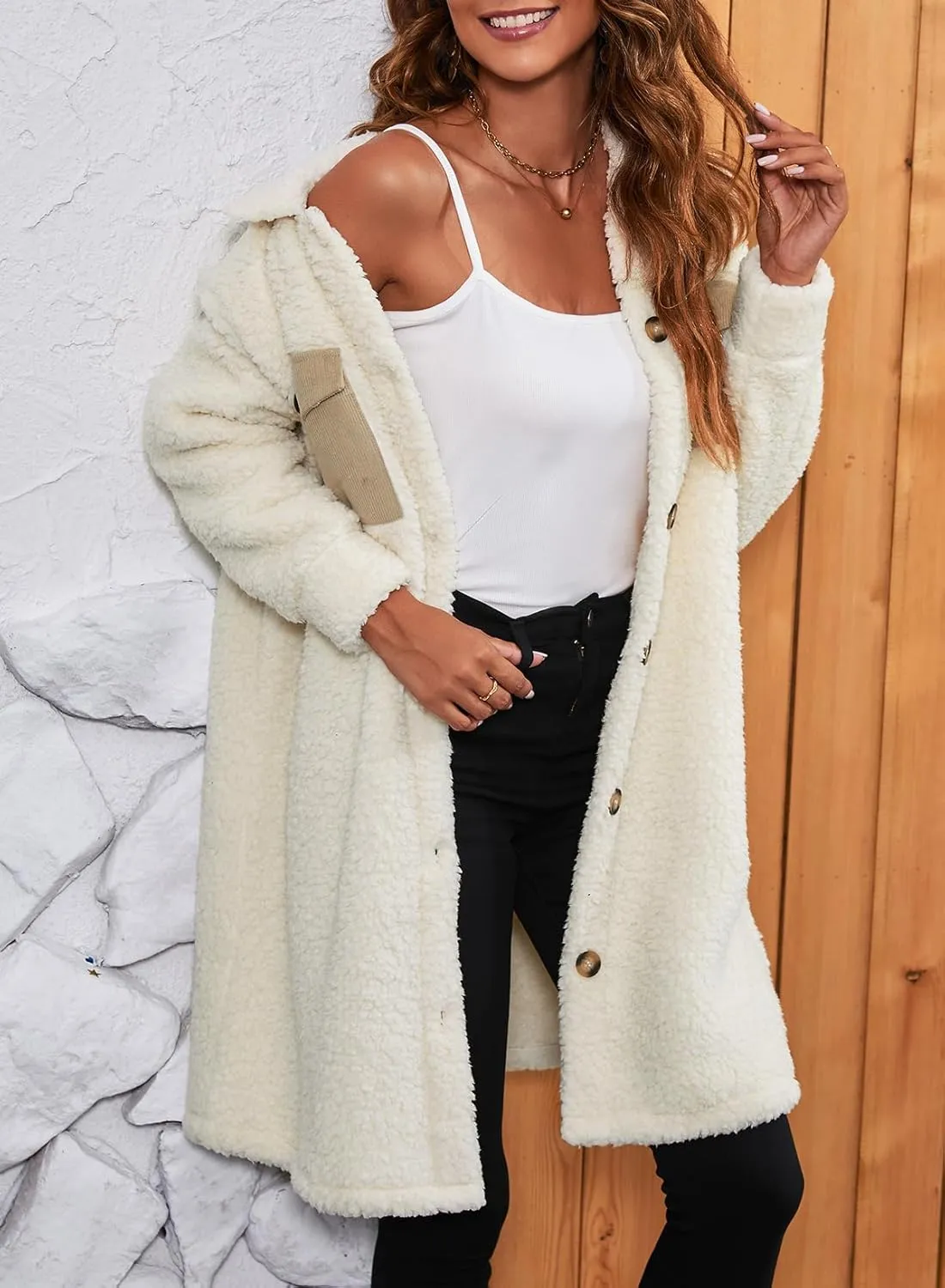 EVALESS Fuzzy Fleece Jackets for Women Fashion Long Sleeve Lapel Button Down Long Teddy Coat Faux Fur Warm Winter Outwear