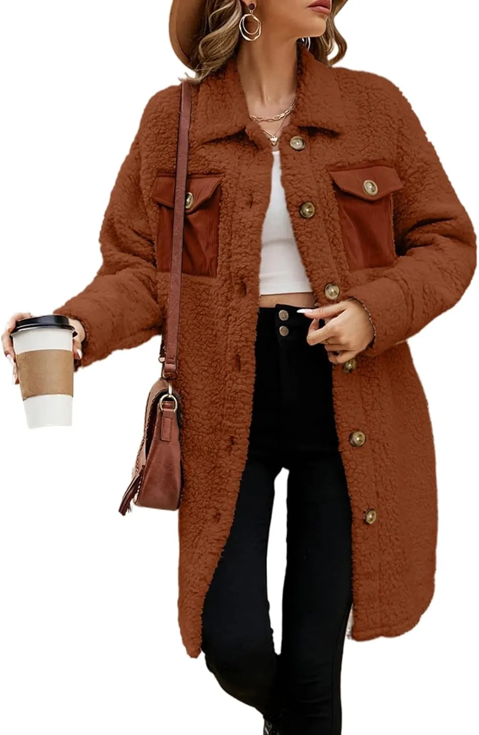 EVALESS Fuzzy Fleece Jackets for Women Fashion Long Sleeve Lapel Button Down Long Teddy Coat Faux Fur Warm Winter Outwear
