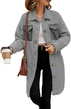 EVALESS Fuzzy Fleece Jackets for Women Fashion Long Sleeve Lapel Button Down Long Teddy Coat Faux Fur Warm Winter Outwear