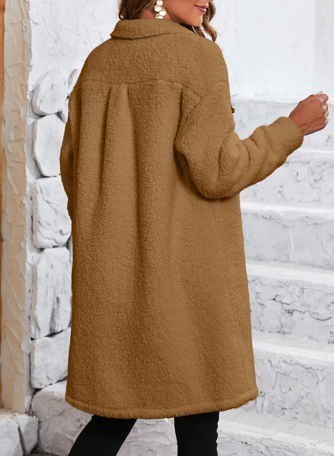 EVALESS Fuzzy Fleece Jackets for Women Fashion Long Sleeve Lapel Button Down Long Teddy Coat Faux Fur Warm Winter Outwear