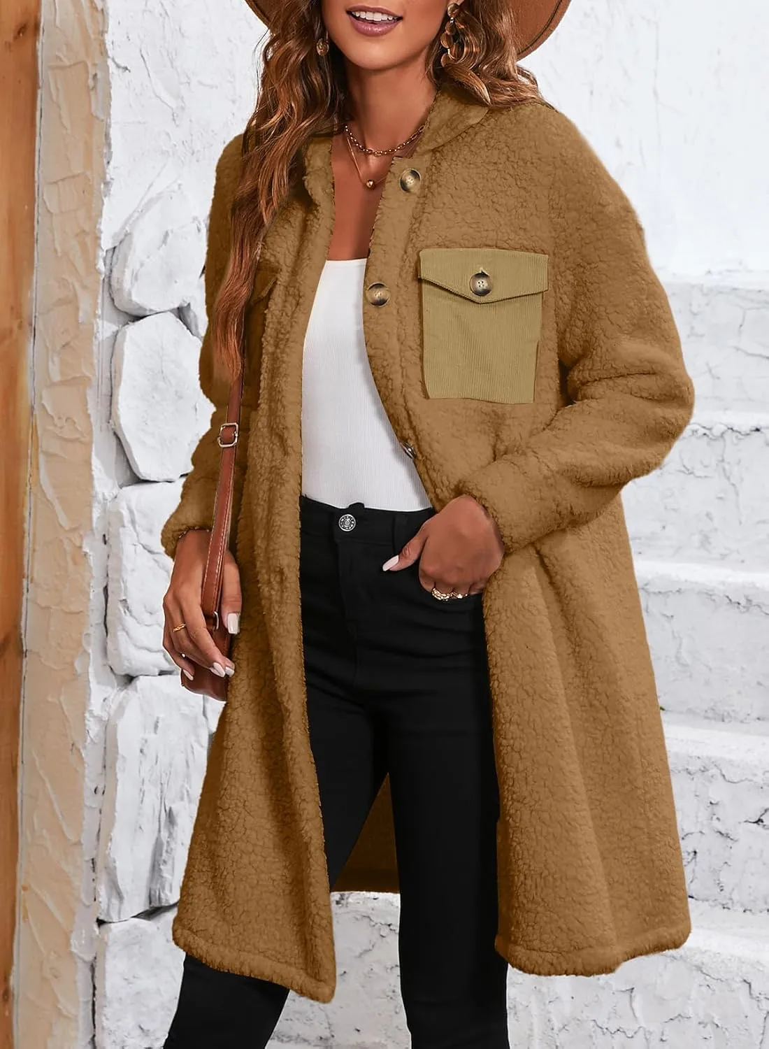 EVALESS Fuzzy Fleece Jackets for Women Fashion Long Sleeve Lapel Button Down Long Teddy Coat Faux Fur Warm Winter Outwear
