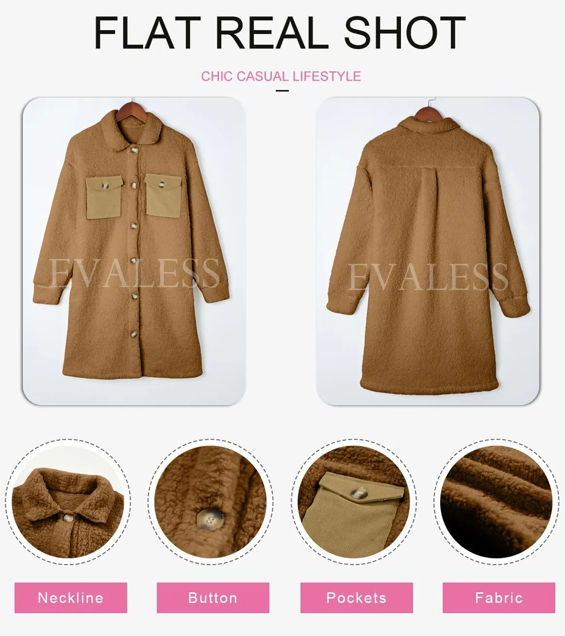EVALESS Fuzzy Fleece Jackets for Women Fashion Long Sleeve Lapel Button Down Long Teddy Coat Faux Fur Warm Winter Outwear