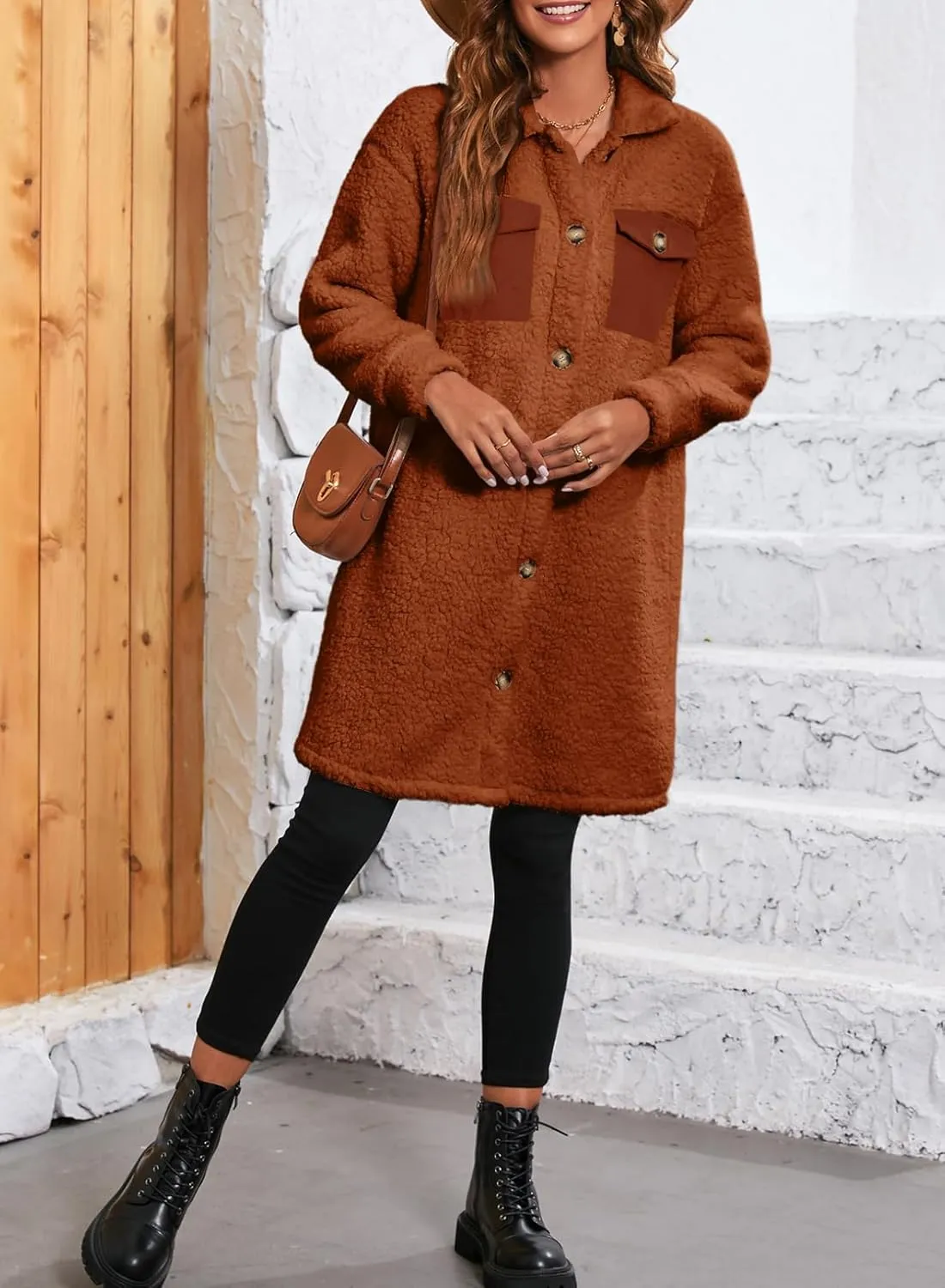 EVALESS Fuzzy Fleece Jackets for Women Fashion Long Sleeve Lapel Button Down Long Teddy Coat Faux Fur Warm Winter Outwear