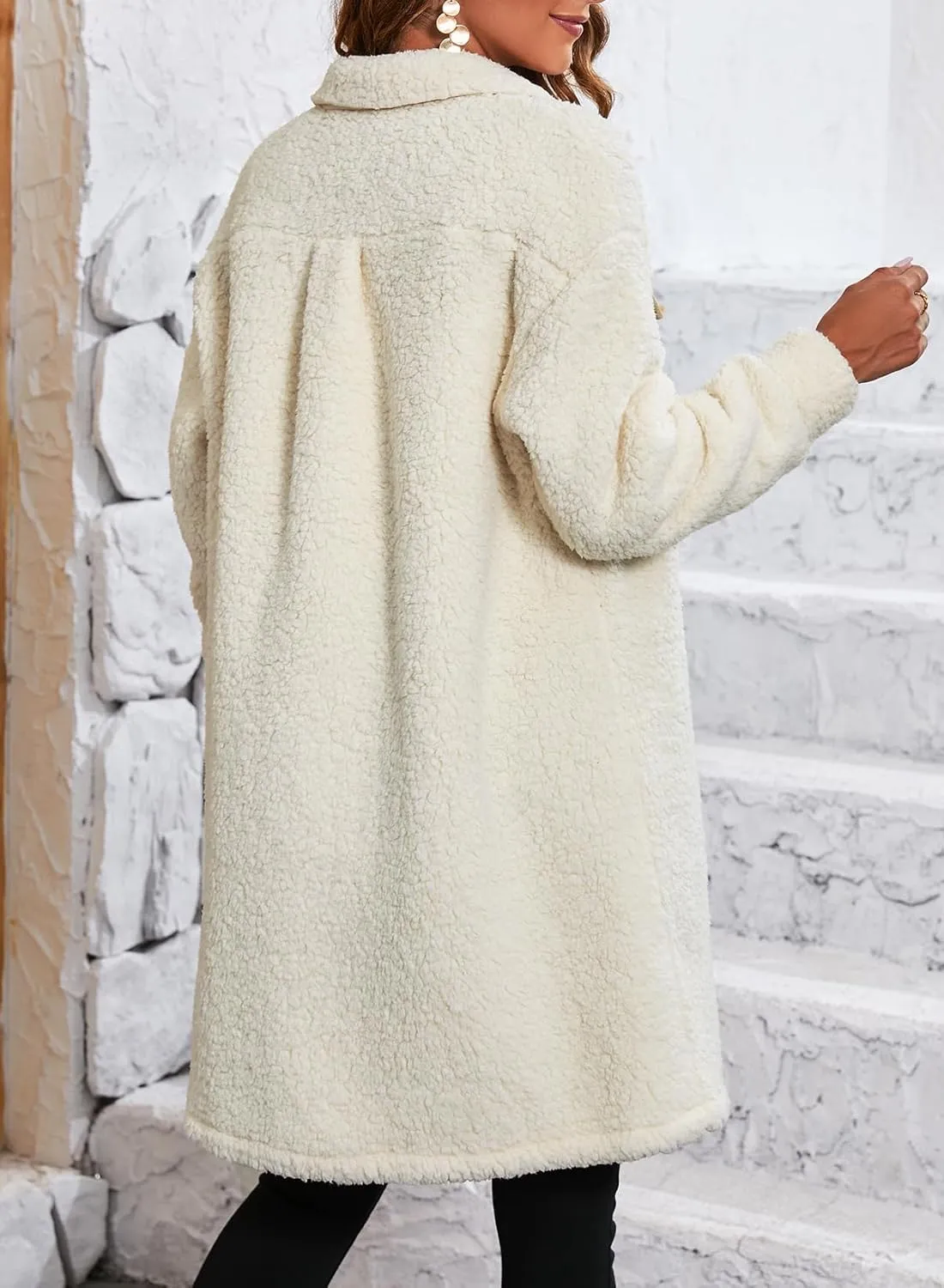 EVALESS Fuzzy Fleece Jackets for Women Fashion Long Sleeve Lapel Button Down Long Teddy Coat Faux Fur Warm Winter Outwear
