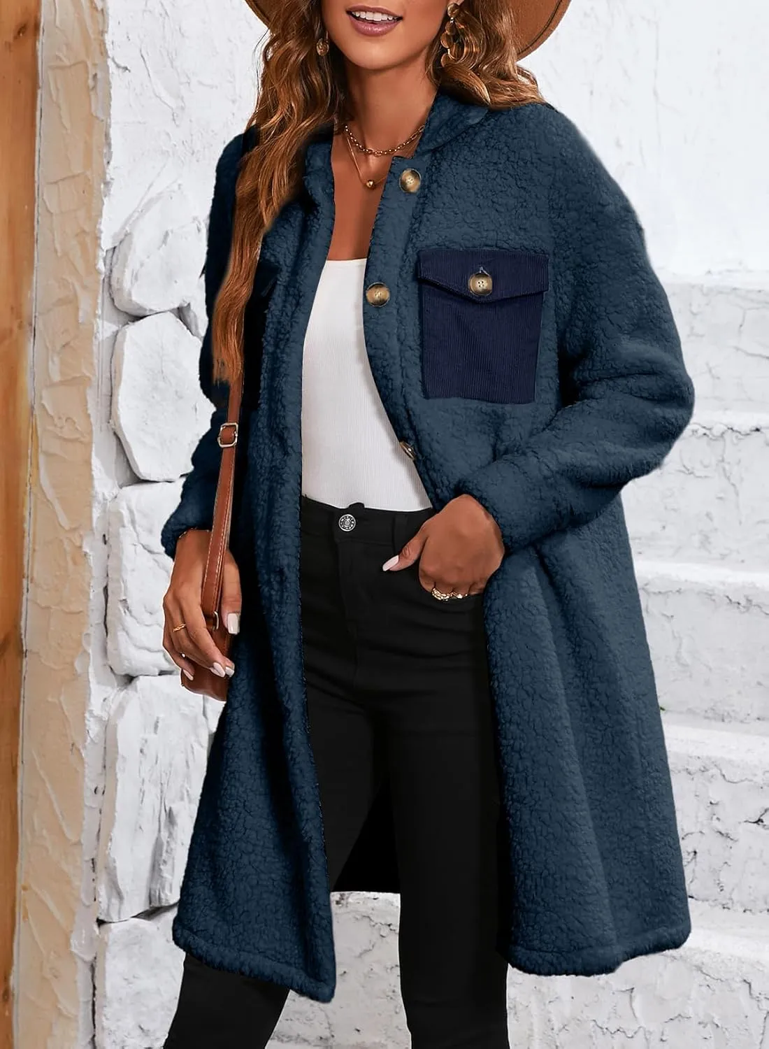 EVALESS Fuzzy Fleece Jackets for Women Fashion Long Sleeve Lapel Button Down Long Teddy Coat Faux Fur Warm Winter Outwear