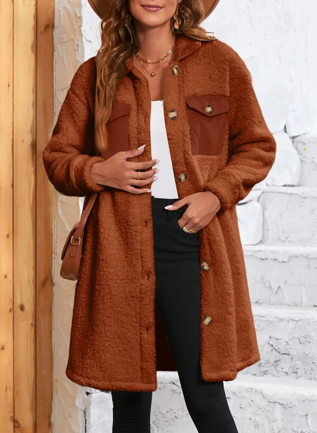 EVALESS Fuzzy Fleece Jackets for Women Fashion Long Sleeve Lapel Button Down Long Teddy Coat Faux Fur Warm Winter Outwear