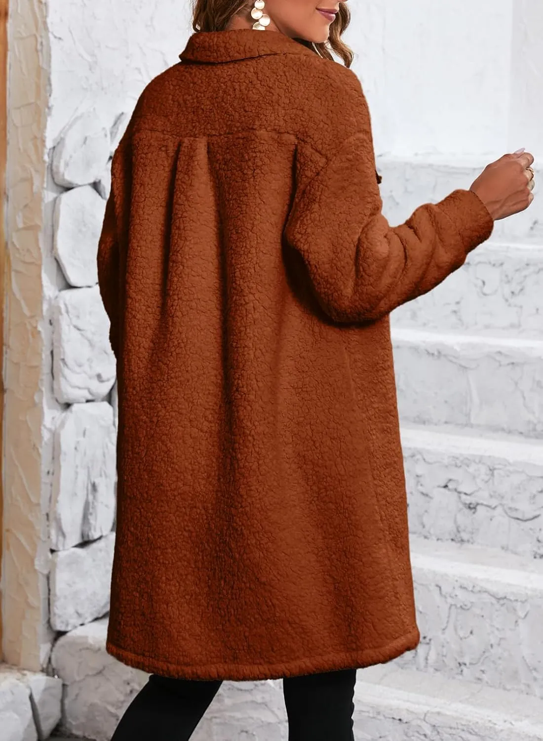 EVALESS Fuzzy Fleece Jackets for Women Fashion Long Sleeve Lapel Button Down Long Teddy Coat Faux Fur Warm Winter Outwear