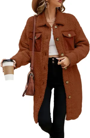 EVALESS Fuzzy Fleece Jackets for Women Fashion Long Sleeve Lapel Button Down Long Teddy Coat Faux Fur Warm Winter Outwear