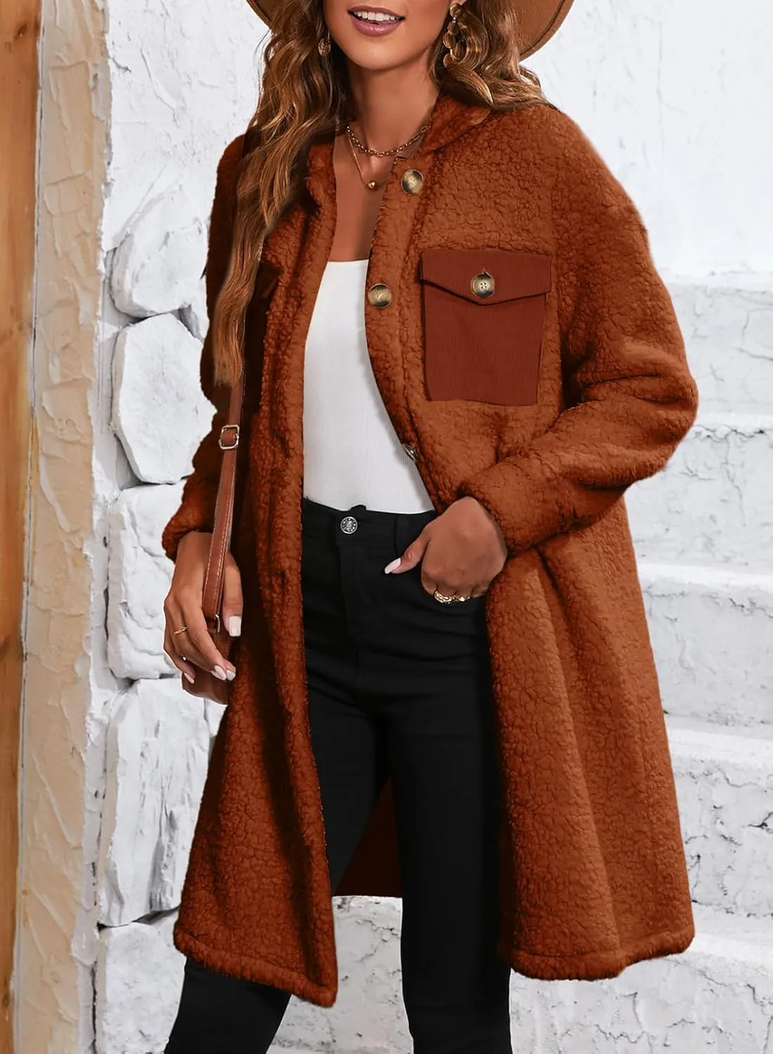 EVALESS Fuzzy Fleece Jackets for Women Fashion Long Sleeve Lapel Button Down Long Teddy Coat Faux Fur Warm Winter Outwear