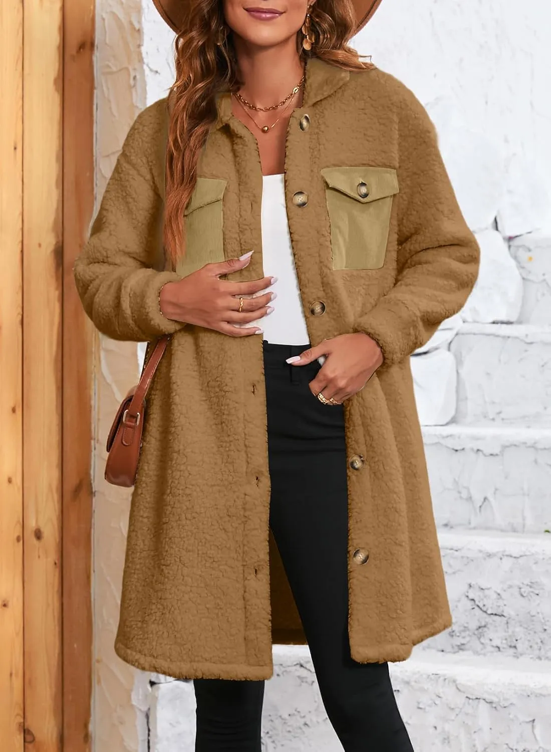 EVALESS Fuzzy Fleece Jackets for Women Fashion Long Sleeve Lapel Button Down Long Teddy Coat Faux Fur Warm Winter Outwear