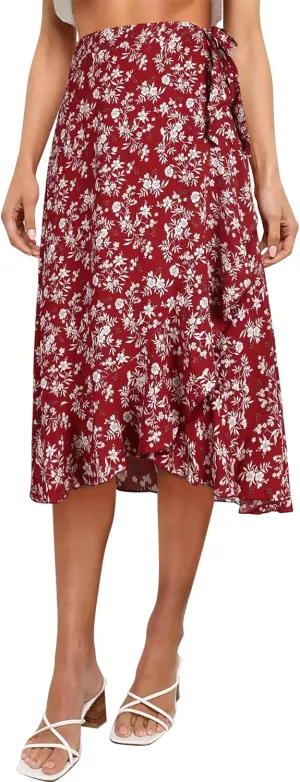 Ezcosplay Women Boho Floral Wrap Skirt Asymmetrical Ruffle Tropical Beach Tiered Skirts