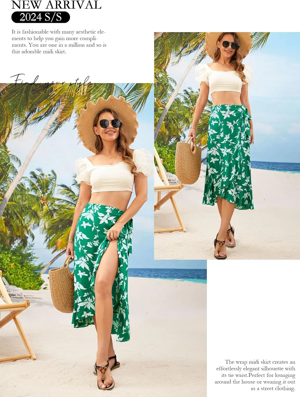 Ezcosplay Women Boho Floral Wrap Skirt Asymmetrical Ruffle Tropical Beach Tiered Skirts