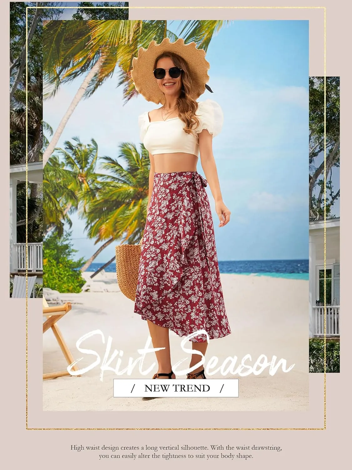 Ezcosplay Women Boho Floral Wrap Skirt Asymmetrical Ruffle Tropical Beach Tiered Skirts