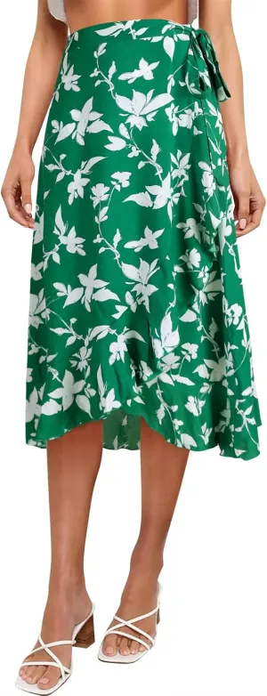 Ezcosplay Women Boho Floral Wrap Skirt Asymmetrical Ruffle Tropical Beach Tiered Skirts