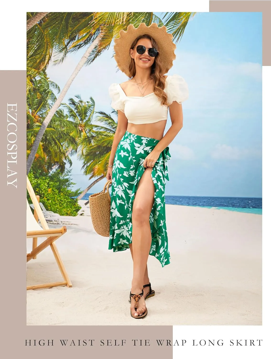Ezcosplay Women Boho Floral Wrap Skirt Asymmetrical Ruffle Tropical Beach Tiered Skirts