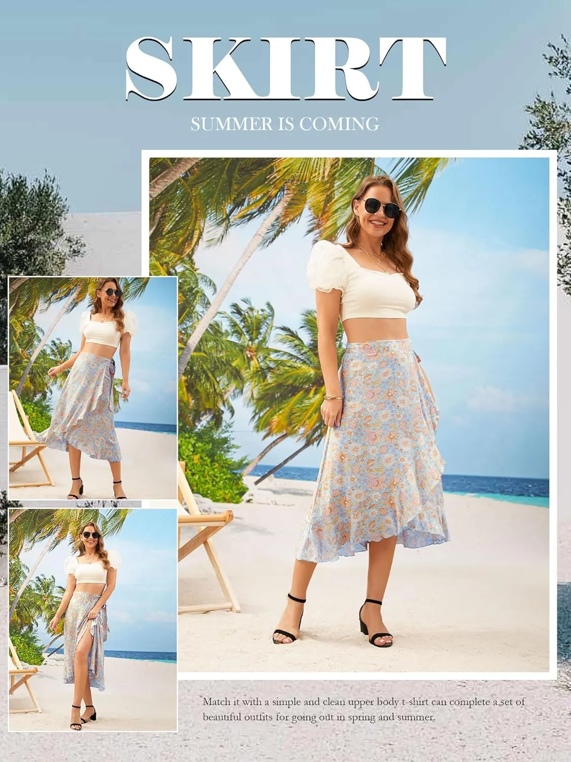 Ezcosplay Women Boho Floral Wrap Skirt Asymmetrical Ruffle Tropical Beach Tiered Skirts