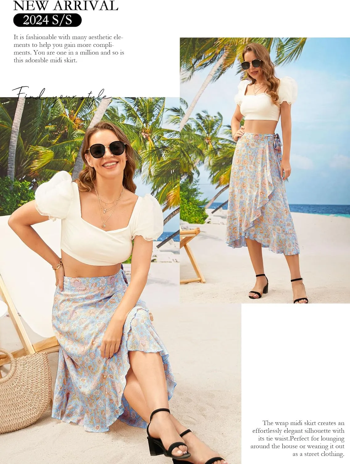 Ezcosplay Women Boho Floral Wrap Skirt Asymmetrical Ruffle Tropical Beach Tiered Skirts
