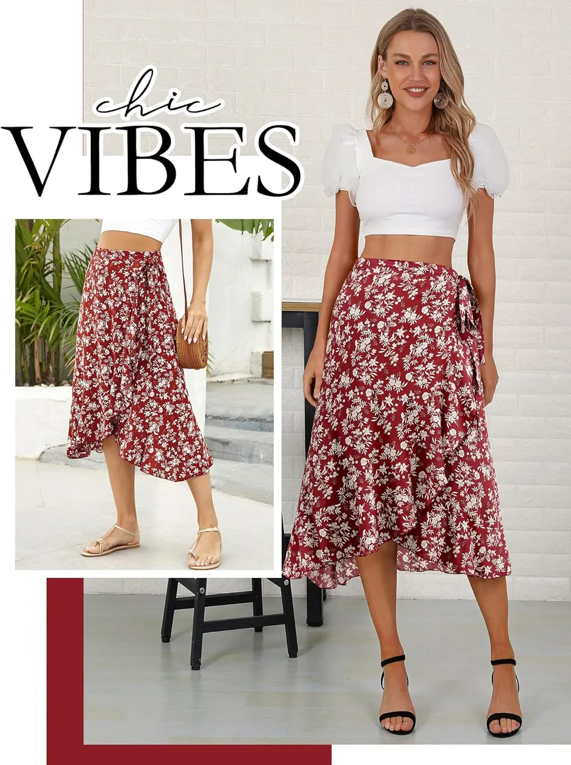 Ezcosplay Women Boho Floral Wrap Skirt Asymmetrical Ruffle Tropical Beach Tiered Skirts