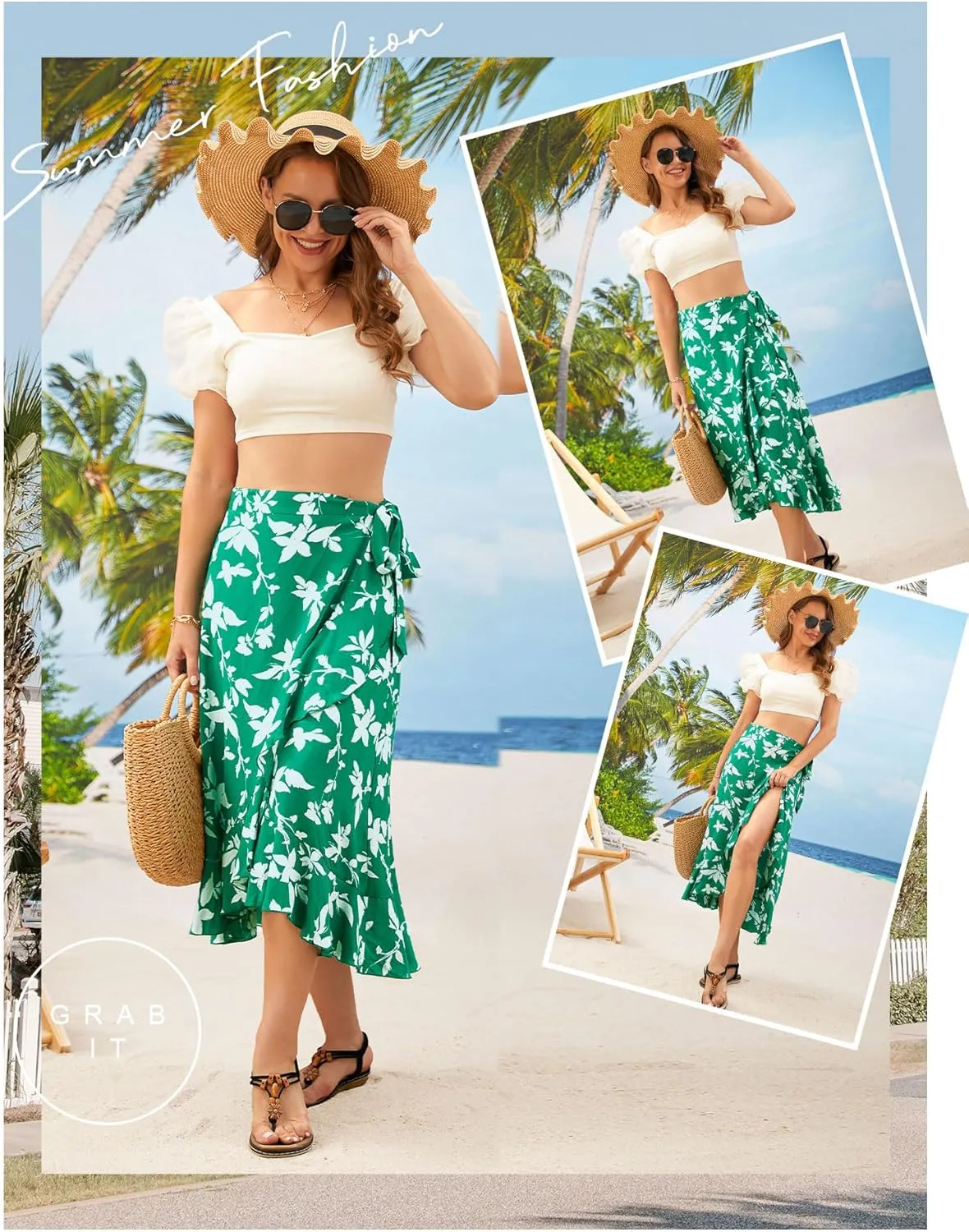 Ezcosplay Women Boho Floral Wrap Skirt Asymmetrical Ruffle Tropical Beach Tiered Skirts