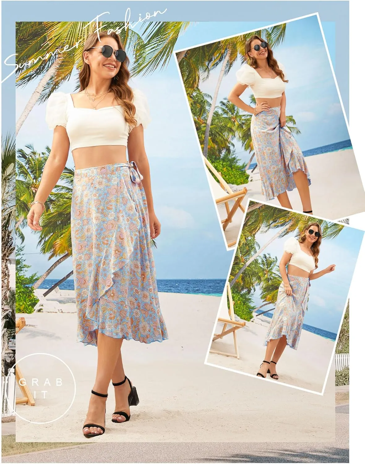 Ezcosplay Women Boho Floral Wrap Skirt Asymmetrical Ruffle Tropical Beach Tiered Skirts
