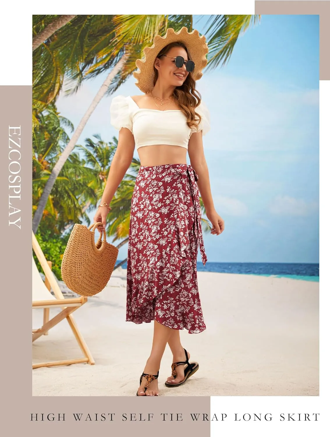 Ezcosplay Women Boho Floral Wrap Skirt Asymmetrical Ruffle Tropical Beach Tiered Skirts