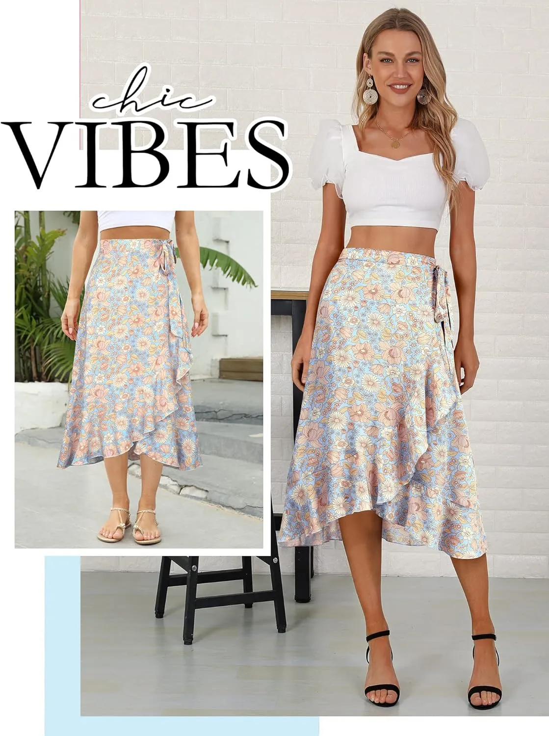 Ezcosplay Women Boho Floral Wrap Skirt Asymmetrical Ruffle Tropical Beach Tiered Skirts