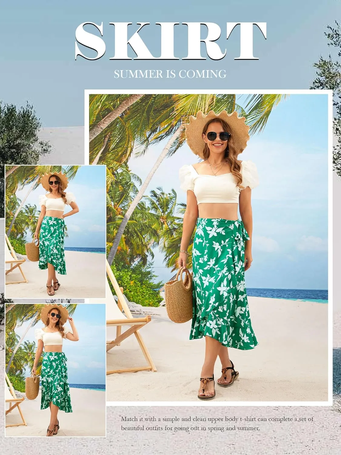 Ezcosplay Women Boho Floral Wrap Skirt Asymmetrical Ruffle Tropical Beach Tiered Skirts