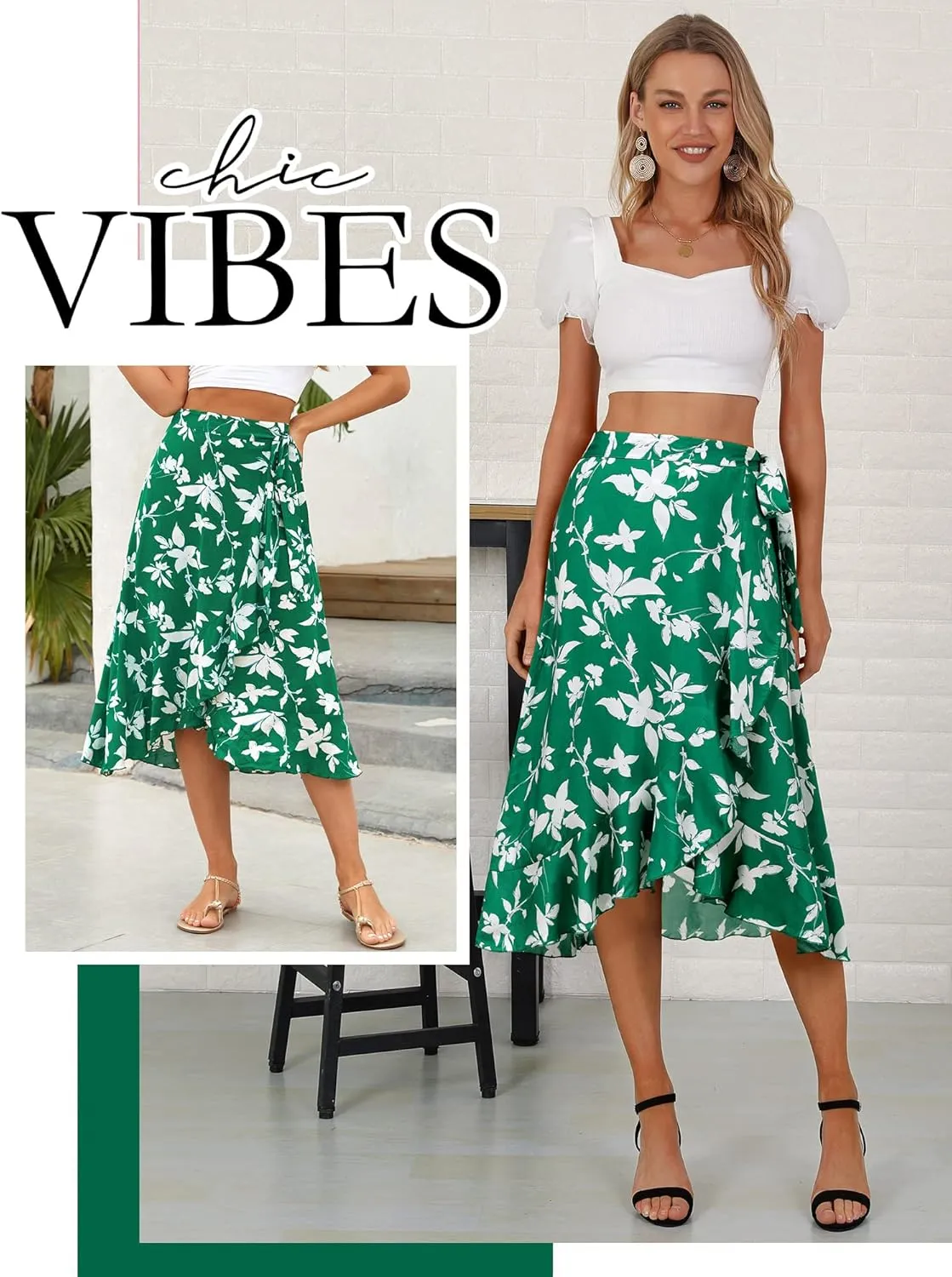 Ezcosplay Women Boho Floral Wrap Skirt Asymmetrical Ruffle Tropical Beach Tiered Skirts