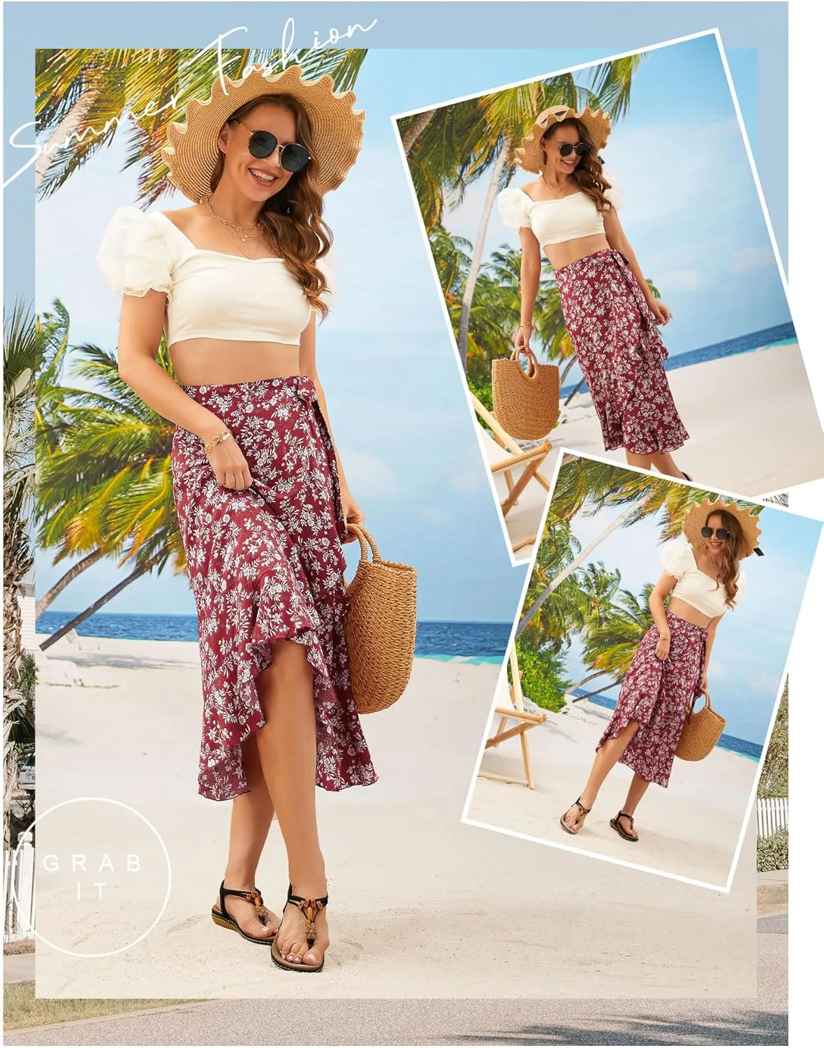 Ezcosplay Women Boho Floral Wrap Skirt Asymmetrical Ruffle Tropical Beach Tiered Skirts