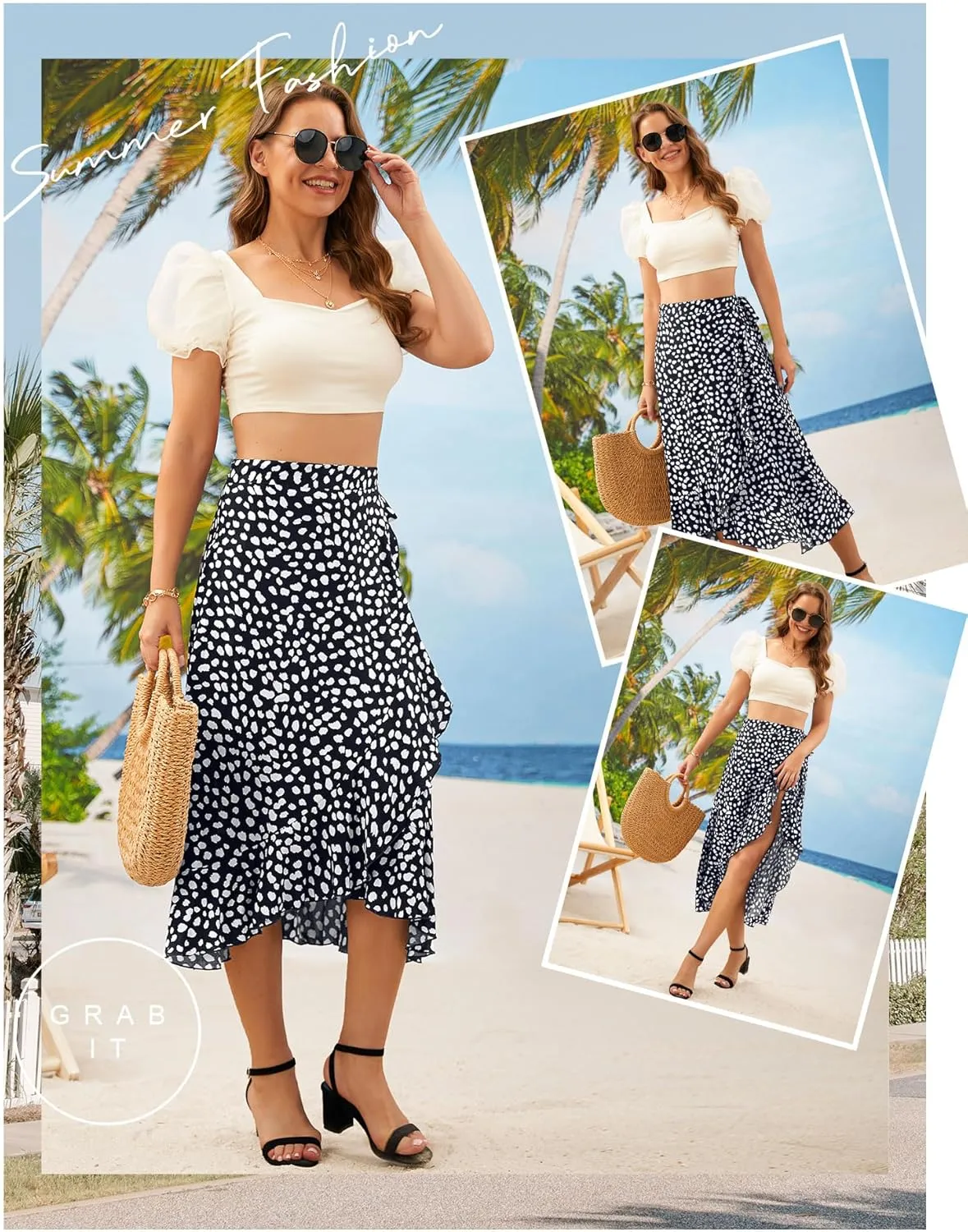Ezcosplay Women Boho Floral Wrap Skirt Asymmetrical Ruffle Tropical Beach Tiered Skirts
