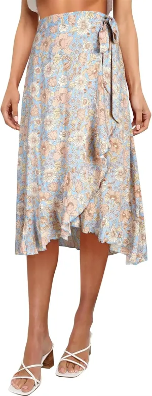 Ezcosplay Women Boho Floral Wrap Skirt Asymmetrical Ruffle Tropical Beach Tiered Skirts