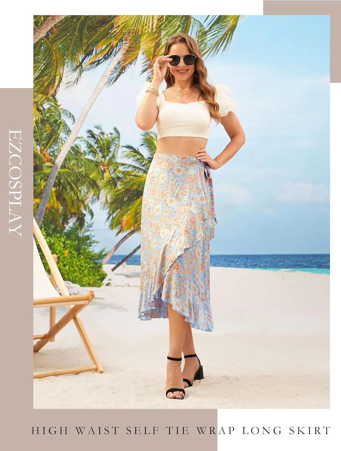 Ezcosplay Women Boho Floral Wrap Skirt Asymmetrical Ruffle Tropical Beach Tiered Skirts