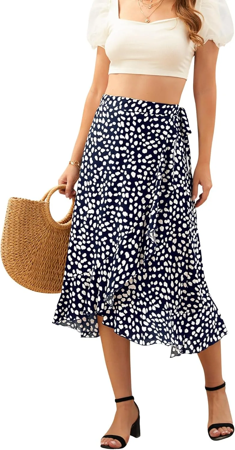 Ezcosplay Women Boho Floral Wrap Skirt Asymmetrical Ruffle Tropical Beach Tiered Skirts