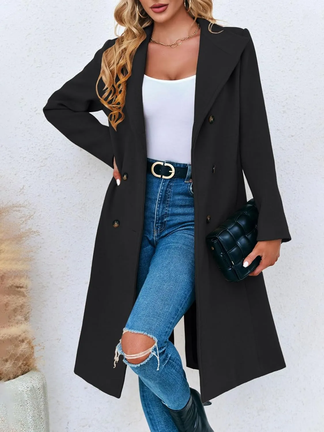 Fisoew Women Double Breasted Coats Long Winter Work Office Overcoat Pocketed Outwear with Belt