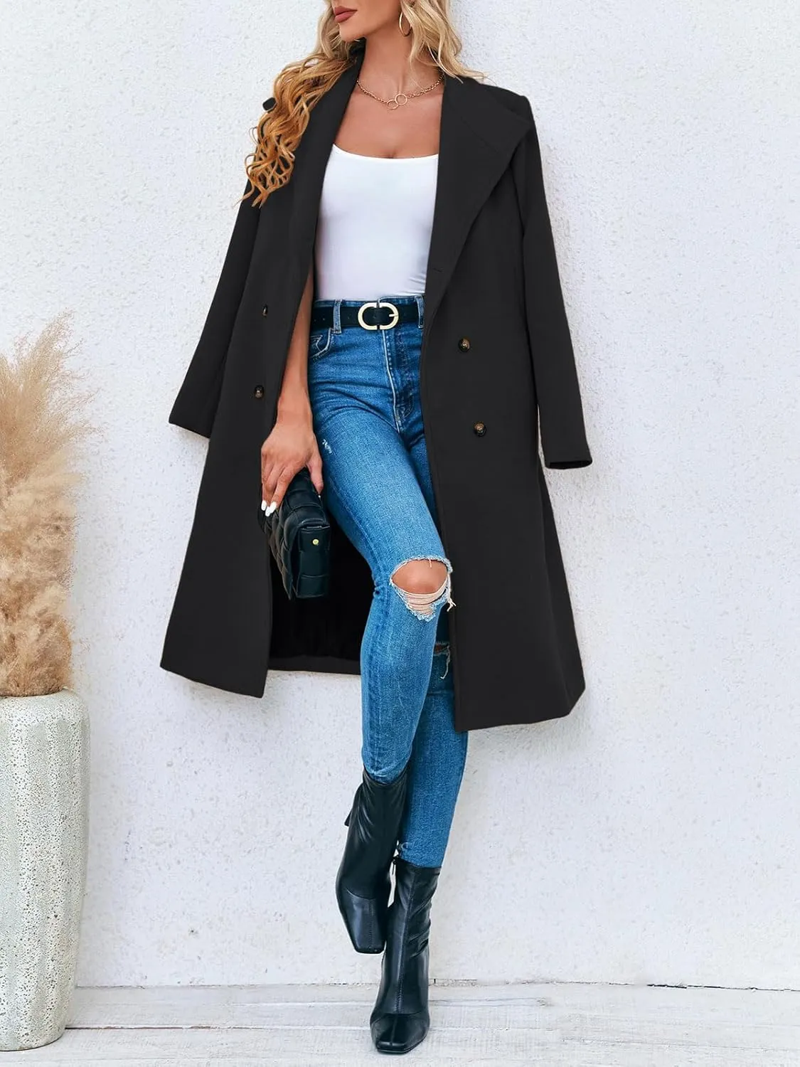Fisoew Women Double Breasted Coats Long Winter Work Office Overcoat Pocketed Outwear with Belt