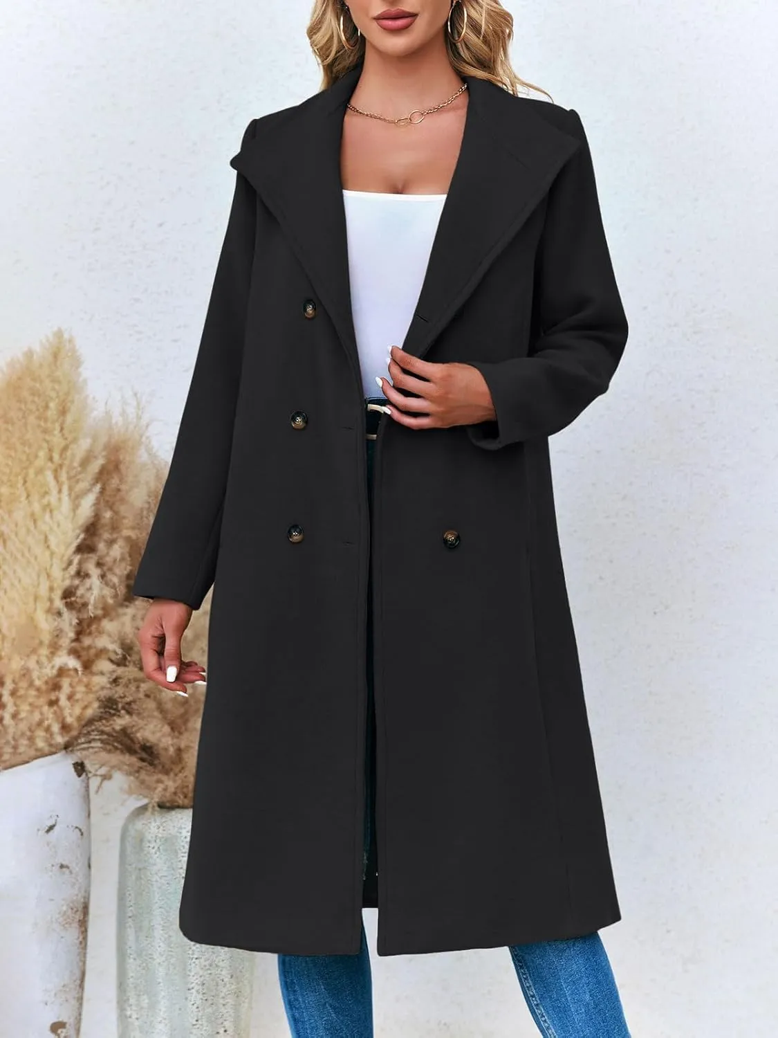 Fisoew Women Double Breasted Coats Long Winter Work Office Overcoat Pocketed Outwear with Belt