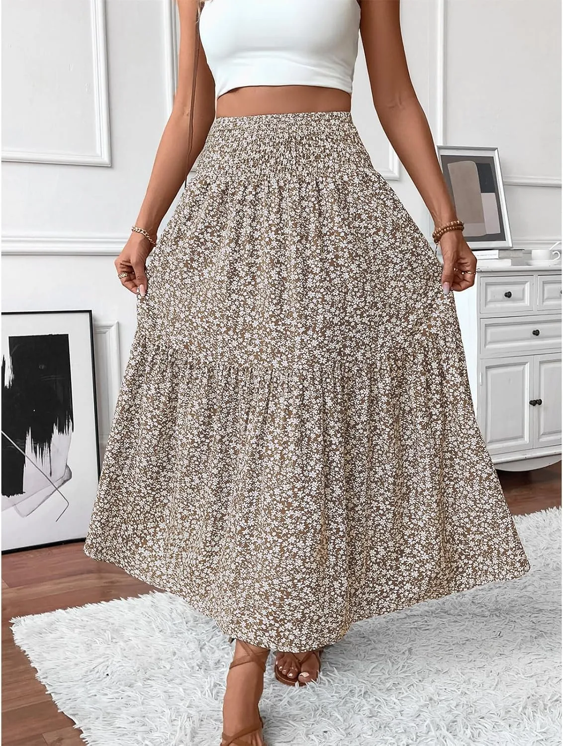 Floral Maxi Skirt for Women Smocked High Waist Skirt A-Line Flowy Ruffle Long Skirts Boho Vacation Long Skirts