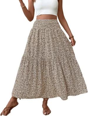 Floral Maxi Skirt for Women Smocked High Waist Skirt A-Line Flowy Ruffle Long Skirts Boho Vacation Long Skirts