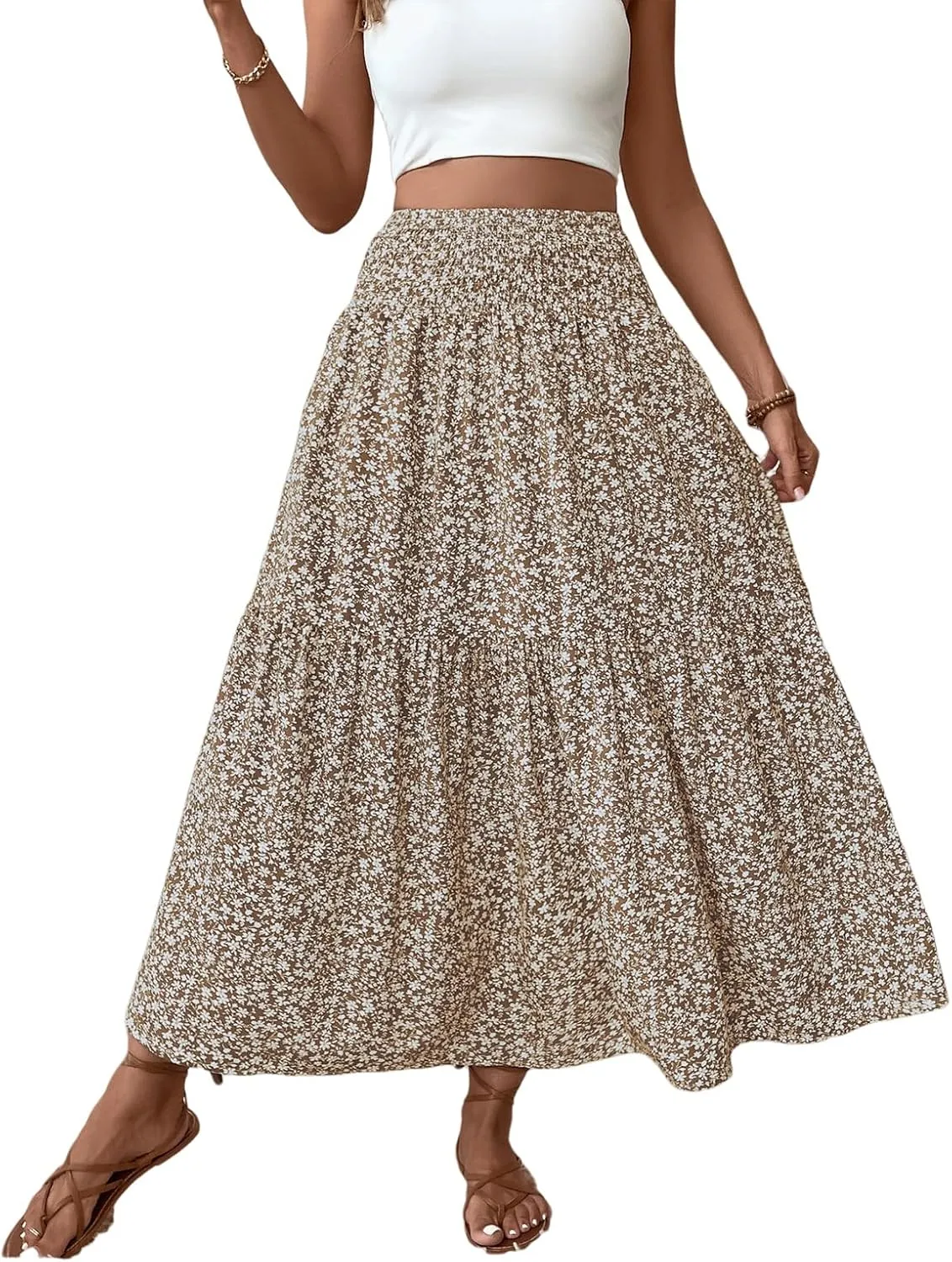 Floral Maxi Skirt for Women Smocked High Waist Skirt A-Line Flowy Ruffle Long Skirts Boho Vacation Long Skirts